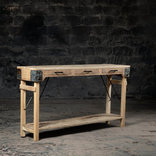 Vintage Reclaimed Wood Console Table With Drawers and Shelf - Qarnation
